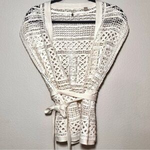Anthropologie Cream Crochet Vest Boho Open Knit Tie Waist Women’s Small
